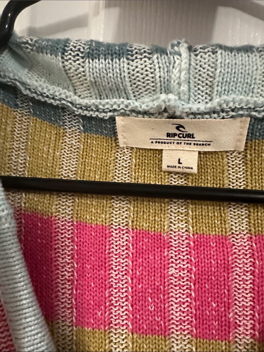 Rip Curl Striped V-Neck Hoodie Sweater in Mint, Pink & Mustard - Picture 2 of 4